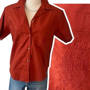 Vintage Outback Red embroidered logo cotton button up short sleeve blouse rust S